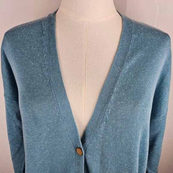 J. Jill Teal Cardigan Medium Petite Linen Cotton Blend Long Sleeve Pockets - Picture 3 of 9